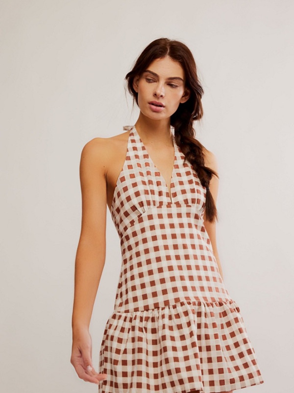 $128 Free People Brown & White Gingham Halter Dress Cecil Mini Dress small S
